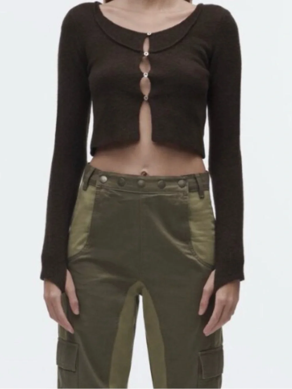 Zara NWT Wool Yak Blend Cropped Cardigan Size L Brown Thumbhole Sleeve